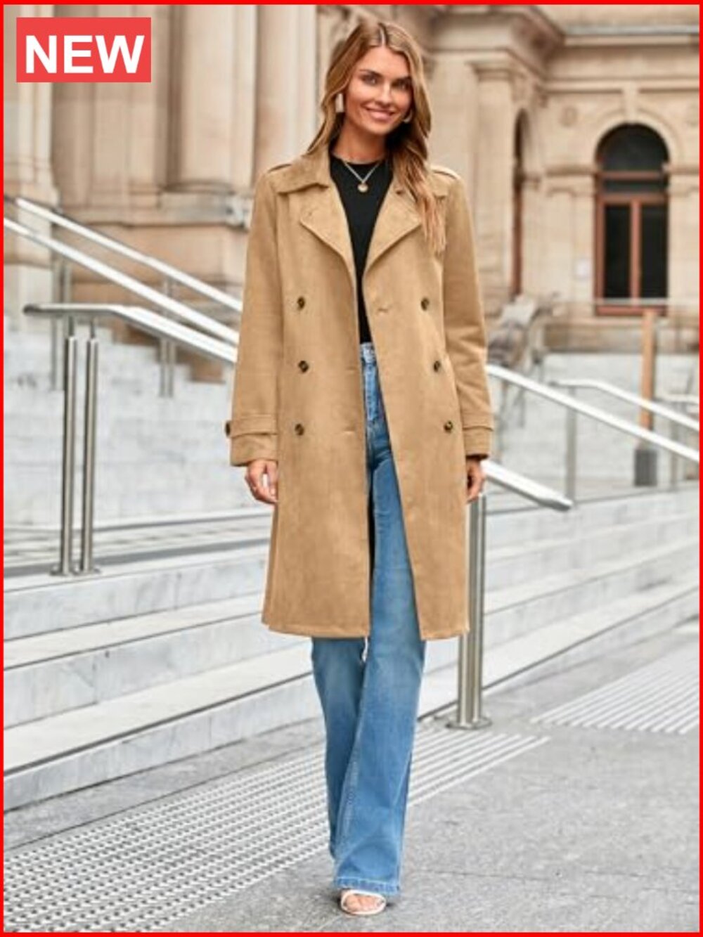 Faux Suede Double Breasted Trench Coat with Belt - Picture 6 of 7